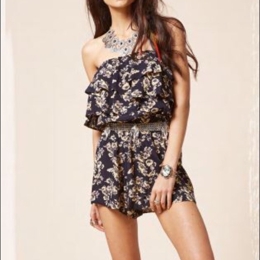 Blue Life Double Ruffle Romper In Night Floral